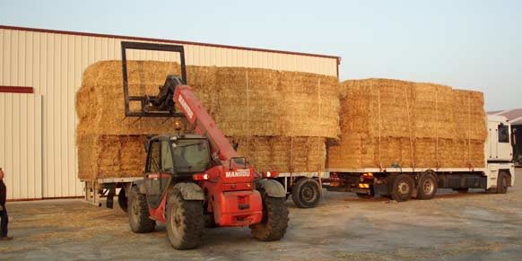 Déchargement de bottes de paille avec un engin de manutention